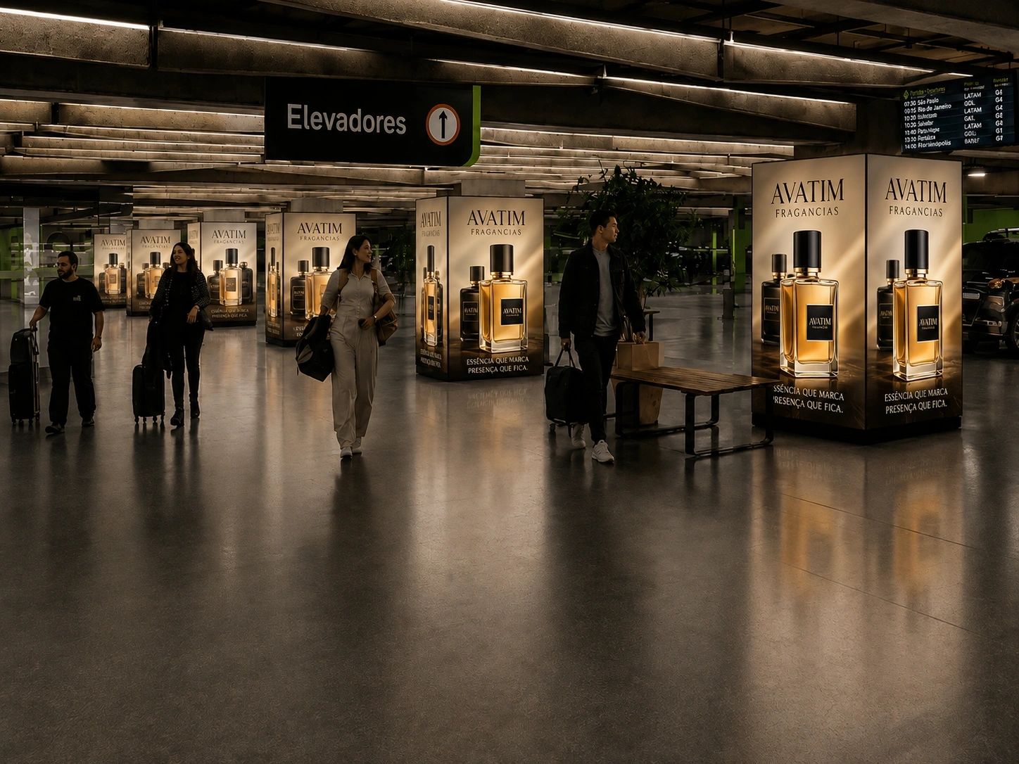 Totens digitais com campanha de publicidade no saguão de aeroporto