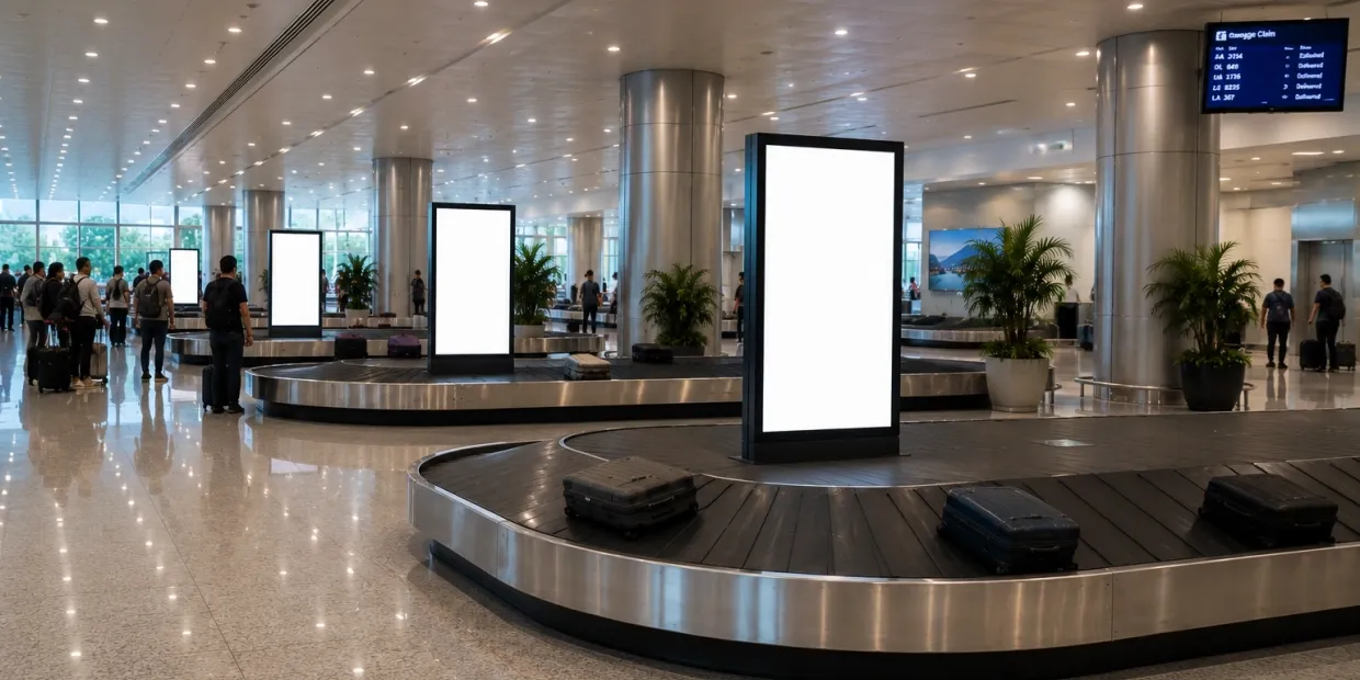 circuito de telas digitais em ambiente aeroportuário; formato de mídia a consultar no Aeroporto Internacional de Florianópolis (FLN)