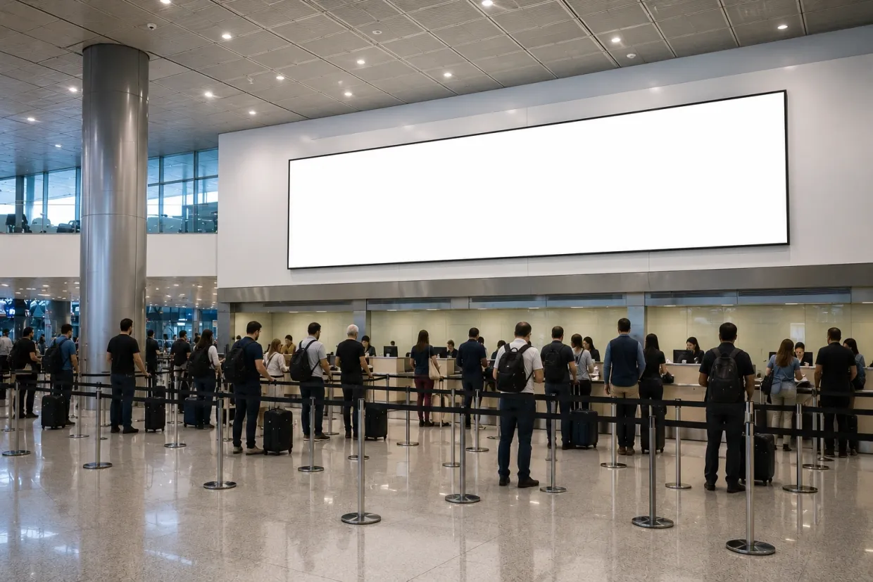 mídia digital posicionada na jornada do passageiro; formato de mídia a consultar no Aeroporto Internacional de Florianópolis (FLN)