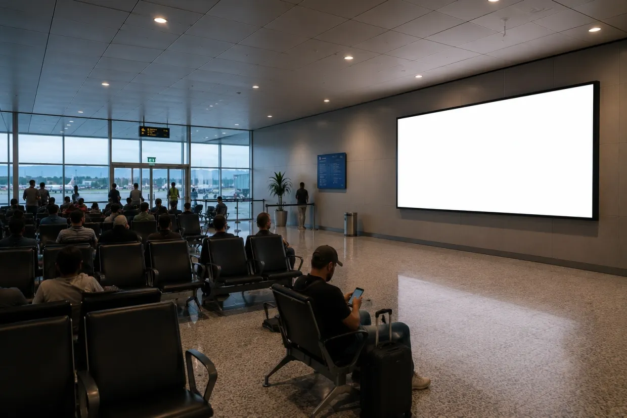 painel DOOH integrado ao ambiente aeroportuário; formato de mídia a consultar no Aeroporto Internacional de São Paulo/Guarulhos (GRU)