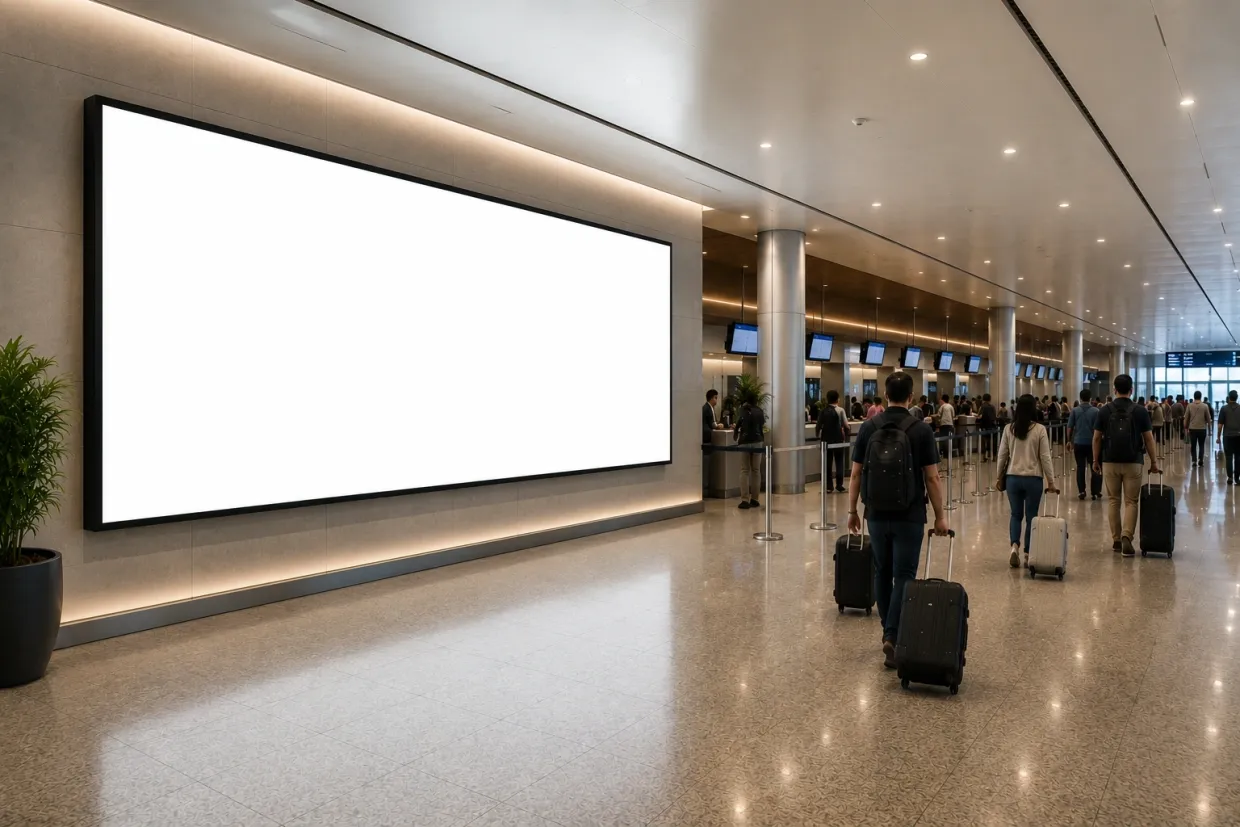 sequência de telas digitais para repetição de campanha; formato de mídia a consultar no Aeroporto Internacional de Viracopos (VCP)