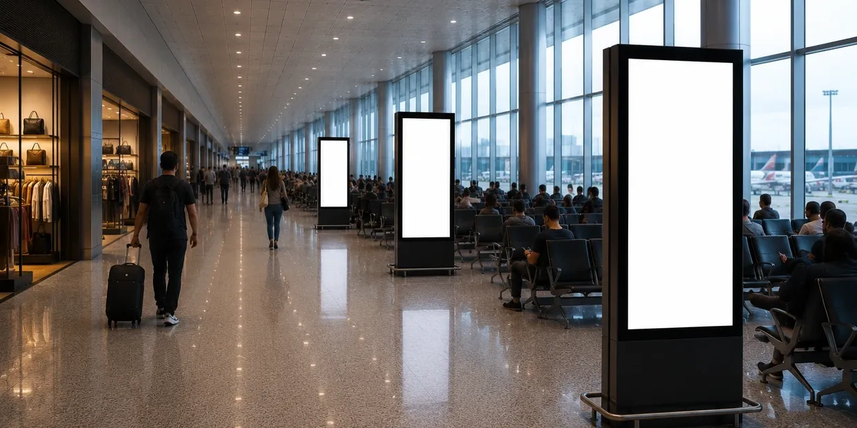 Totens digitais distribuídos em terminal internacional representando mídia DOOH em Guarulhos