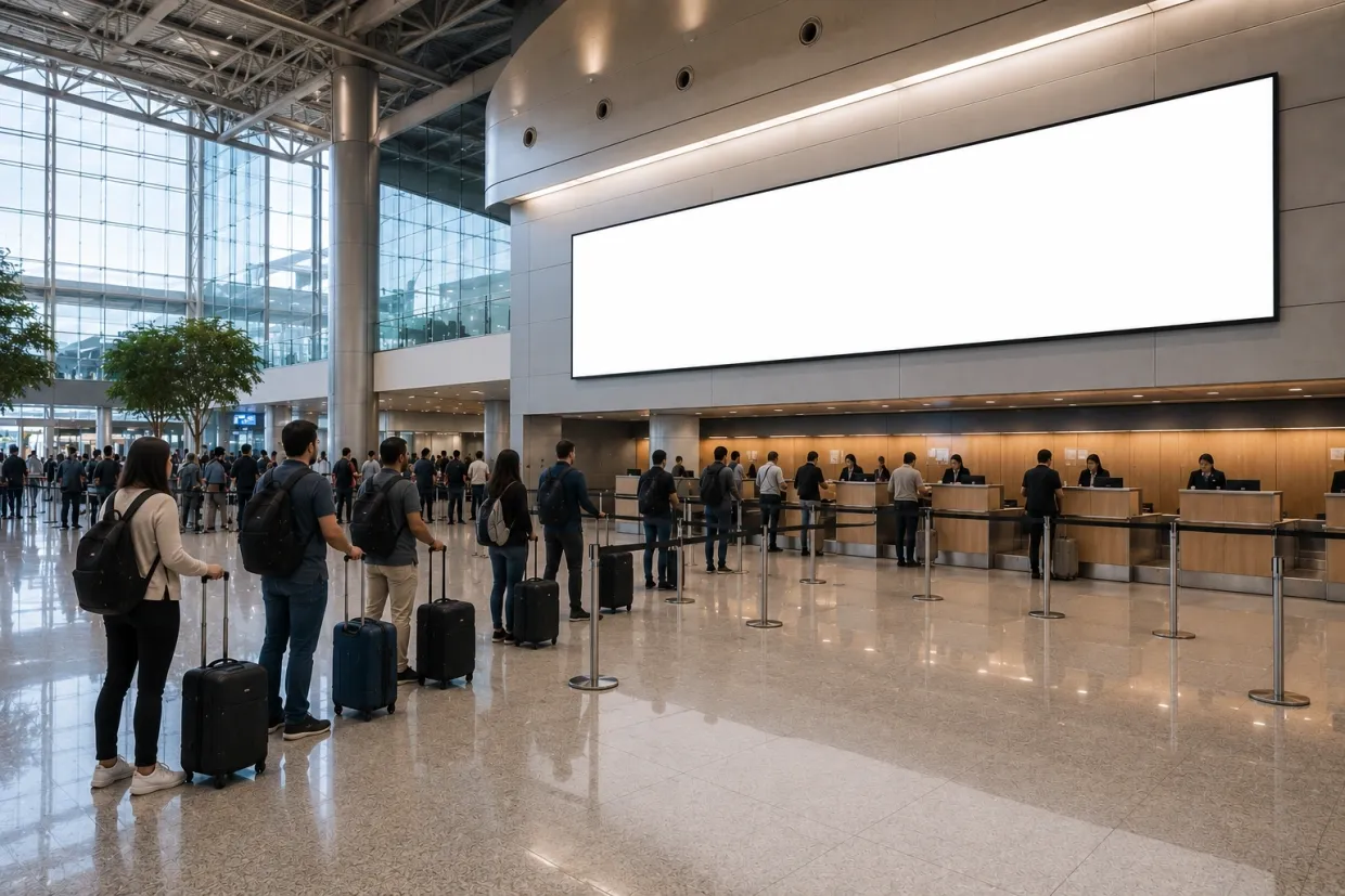 painéis verticais em corredor de aeroporto; formato de mídia a consultar no Aeroporto Internacional de São Paulo/Guarulhos (GRU)