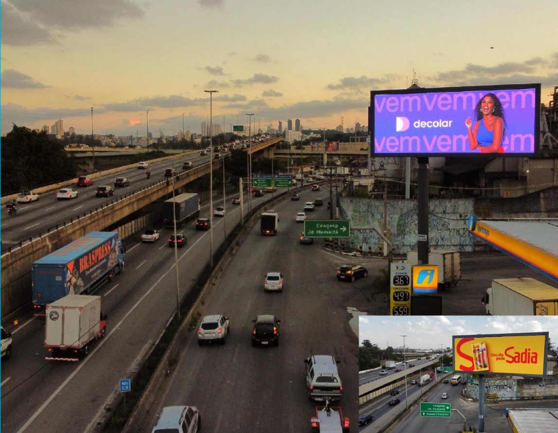 Painel digital de LED com campanha publicitária na Rodovia Castelo Branco KM 10 sentido Alphaville e Barueri